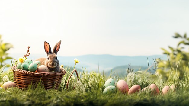 Beautiful Easter rabbit holds basket with colored eggs on nature Image with sunlight effect