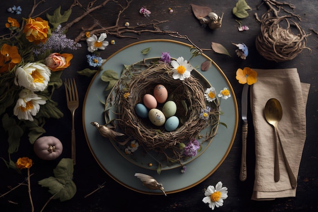 beautiful easter table decoration with a nest with colored easter eggs