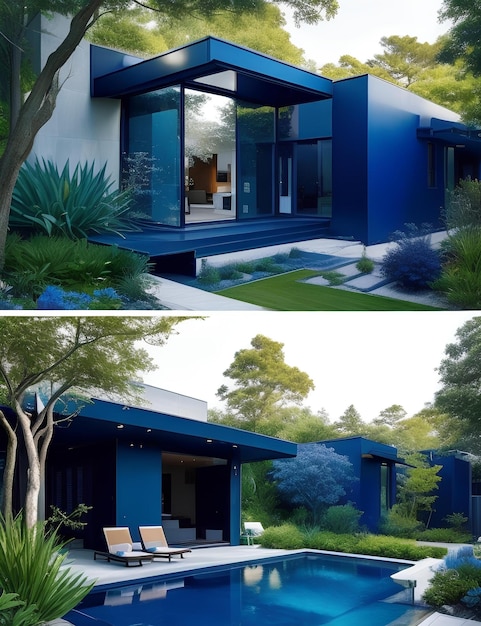 Beautiful ecological house in the form of a minimalist model and dark blue color