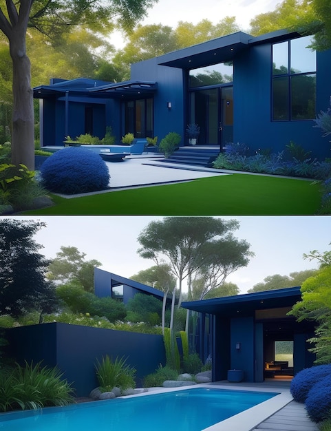 Beautiful ecological house in the form of a minimalist model and dark blue color