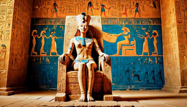 Photo the beautiful egyptian goddesspharaoh hatshepsut sits on a golden throne in the dendera temple