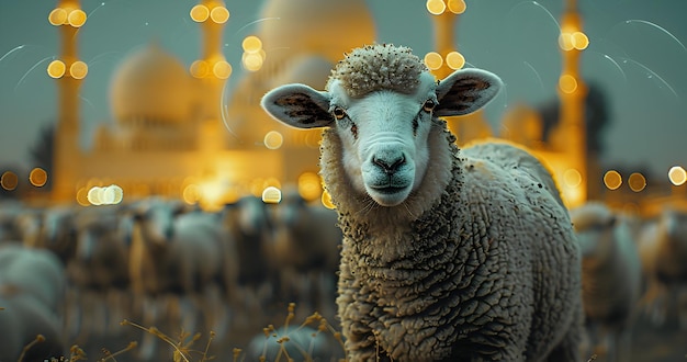 Beautiful eid al adha sheep or lamb with Islamic background for design colorful eid al adha post