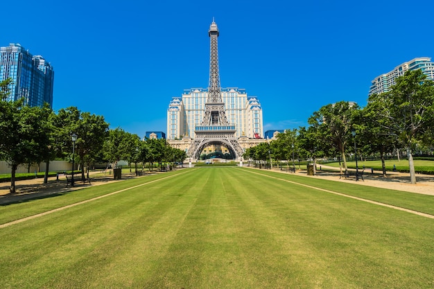 Beautiful eiffel tower landmark of parisian hotel and resort in macau city