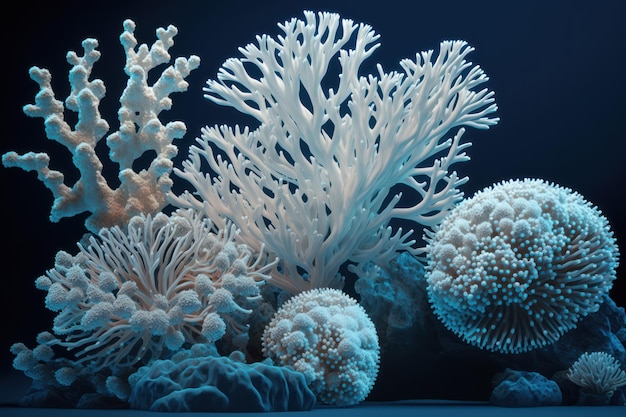 Beautiful elaborated white hermatypic marine corals of various species under the sea