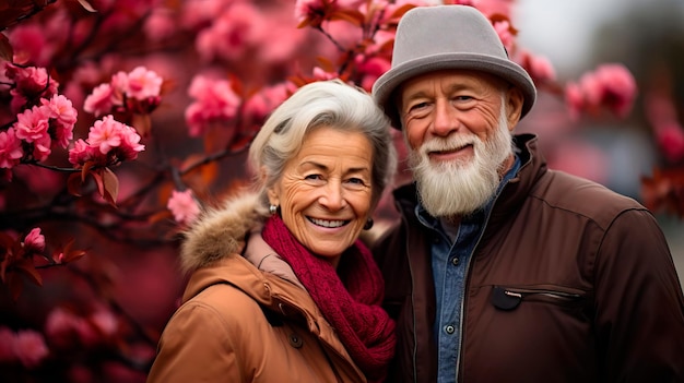 Beautiful elderly couple in the park smiling couple walking