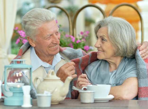 Beautiful elderly couple standing outdoors