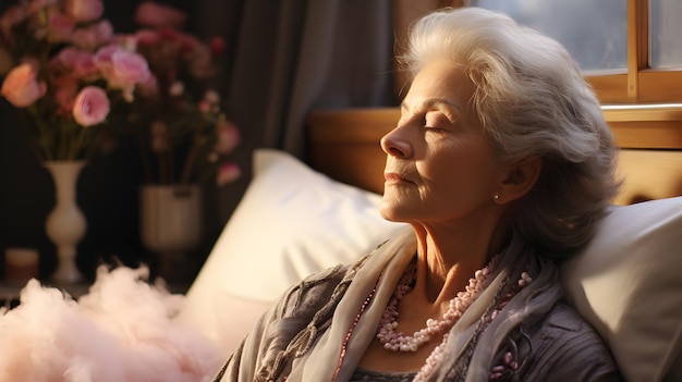 Beautiful elderly senior woman happy and relax with fragrant smell therapy at home