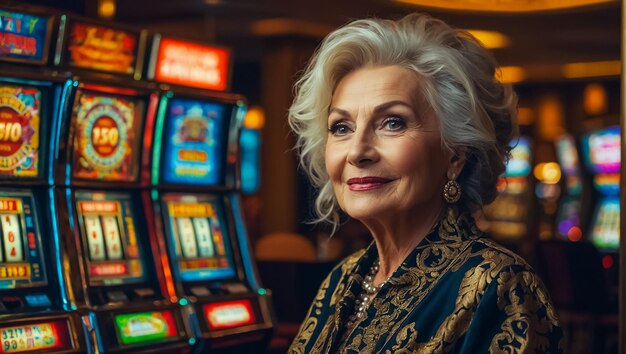 Beautiful elderly woman playing casino slot machine