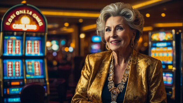 Beautiful elderly woman playing casino slot machine