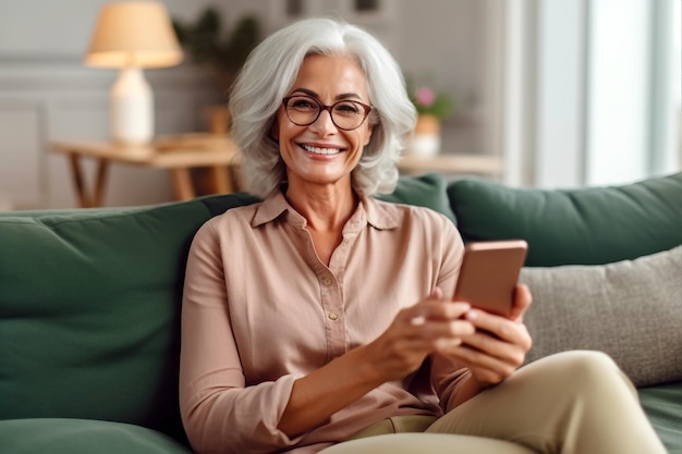 Beautiful elderly woman sitting on the couch in her living room looks at the phone and contemplating something