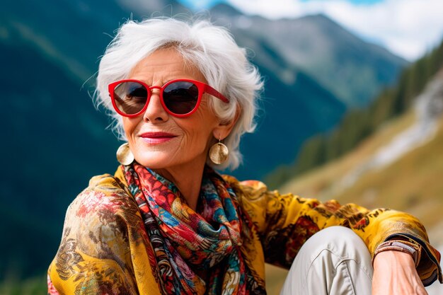 Foto bella donna anziana con gli occhiali da sole in montagna ritratto da vicino in viaggio