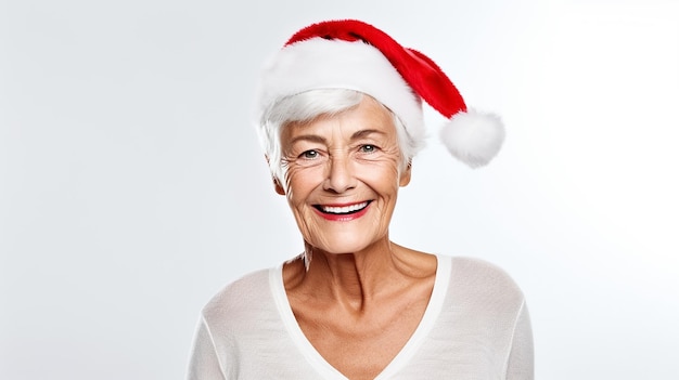 Photo beautiful elderly woman wearing santa hat isolated on white background winter new year