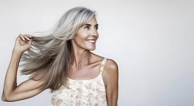 Beautiful elderly woman with long grey color hair Beauty fashion and old people concept