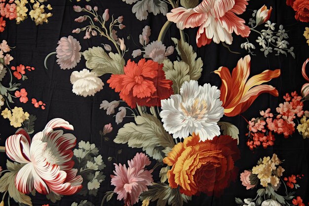 Beautiful and elegant background of floral fabric representing spring flowers on a black backdrop Generative AI