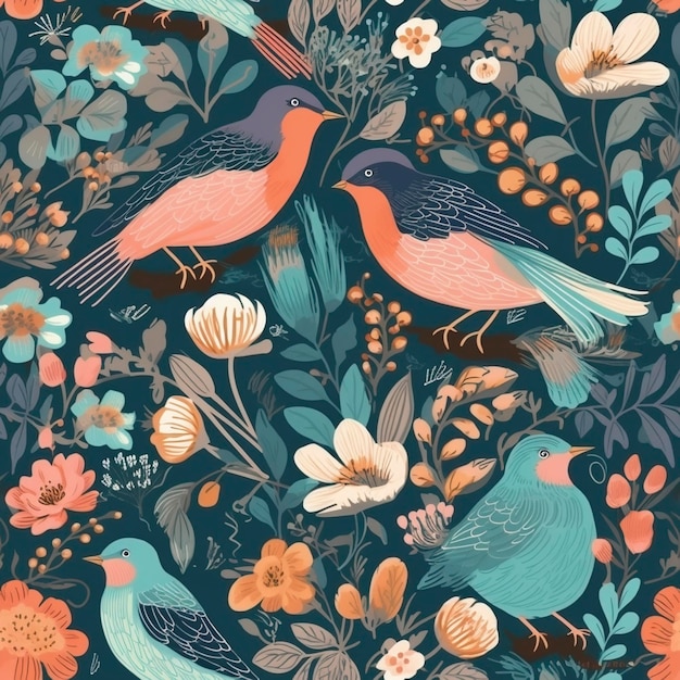 Beautiful elegant flowers and birds seamless pattern created with generative AI