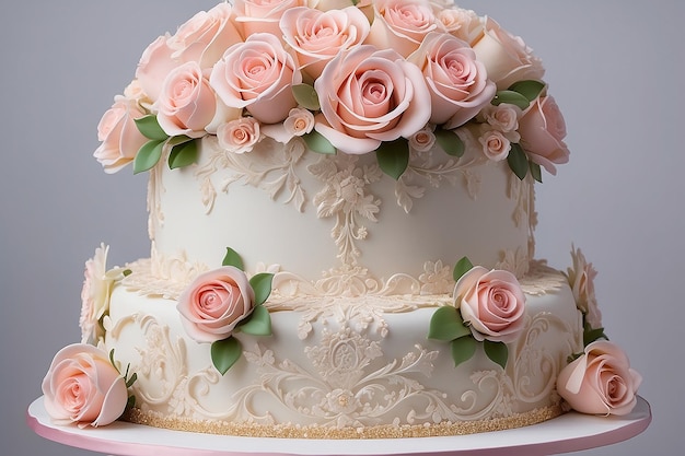 Beautiful elegant four tiered pink wedding cake decorated with roses flowers