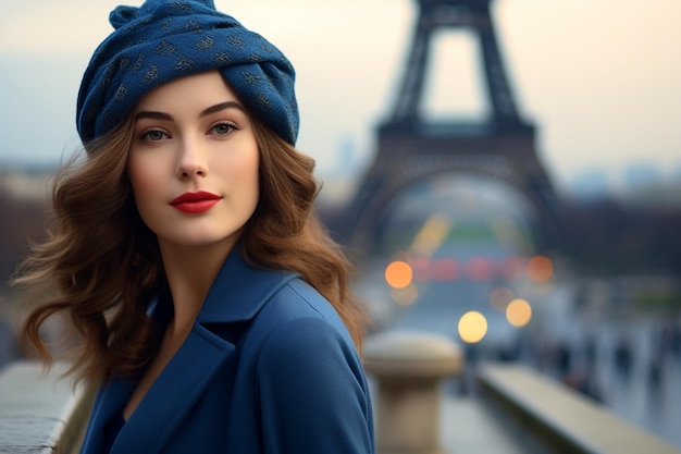 Foto bella ragazza elegante a parigi una bellezza con un berretto blu sullo sfondo del deflector eiffel