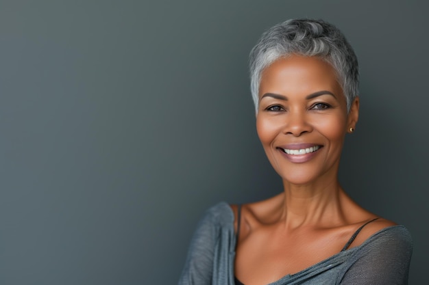 Beautiful elegant mature grey haired middle aged African American woman with perfect skin and smile