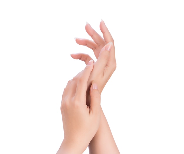 Photo beautiful and elegant woman hands isolated, concept of applying moisturizing cream and body care, closeup.