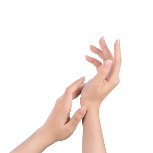 Beautiful and elegant woman hands isolated, concept of applying moisturizing cream and body care, closeup.