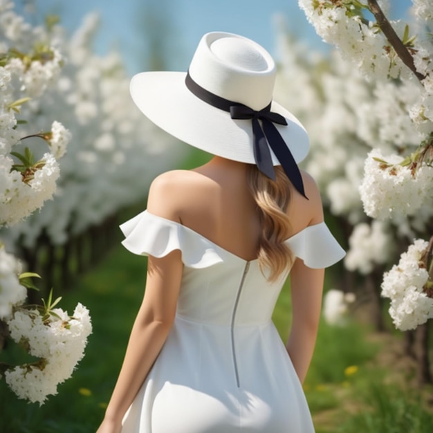 Beautiful elegant woman in a white hat and white dress posing in a spring blooming garden Back view