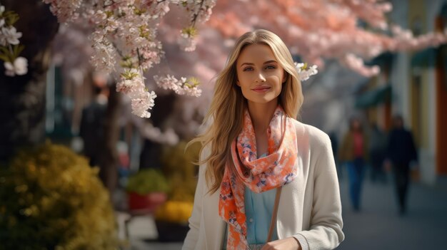 Beautiful elegant young model walking and strolling outdoors in sunny spring day