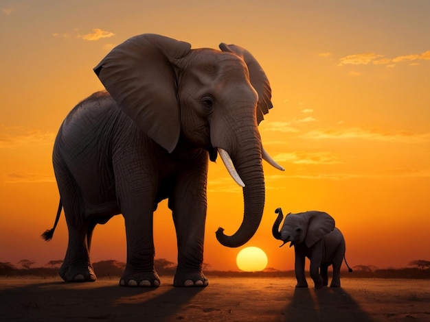 夕日の前に立つ美しい象と赤ちゃん象