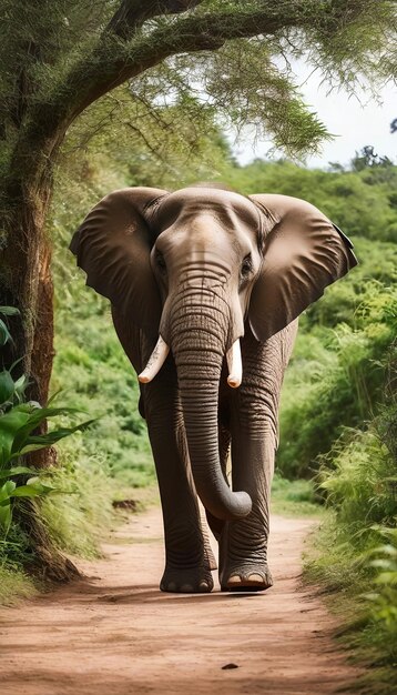 Beautiful elephant on a gravel pathway surrounded by green grass and trees