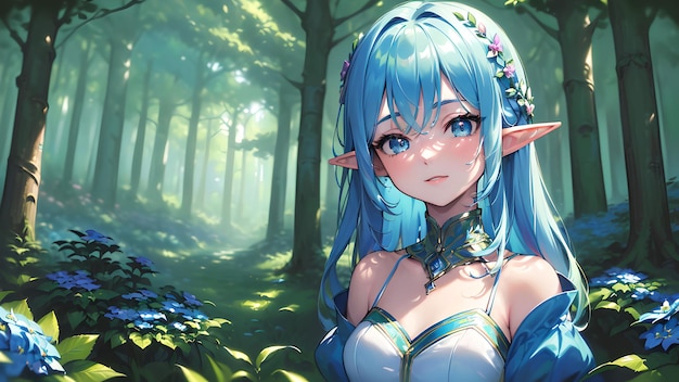 Beautiful elf girl in the forest anime art for wallpaper