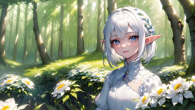 Beautiful elf girl in the forest anime art for wallpaper