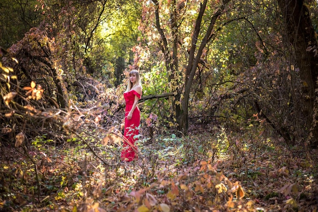 Photo beautiful elf girl in red dress in the autumn forest forest fantasy fairy tale