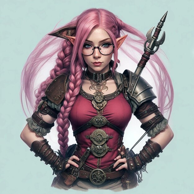 Красивый эльф позирует с веснушками и очками и длинными розовыми волосами сплетенный воин стимпанк