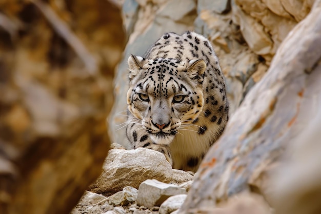 Beautiful and elusive snow leopards navigating rocky terrains Stunning snow leopards gracefully moving through rugged rocky landscapes