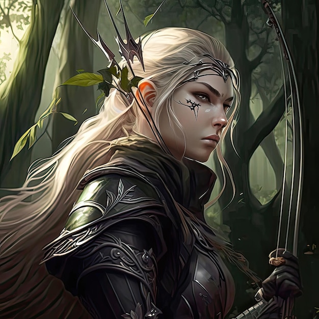 Beautiful elven archer in ambush Rogue deep forest fantasy bow quiver disguise nonexistent person high resolution art generative artificial intelligence