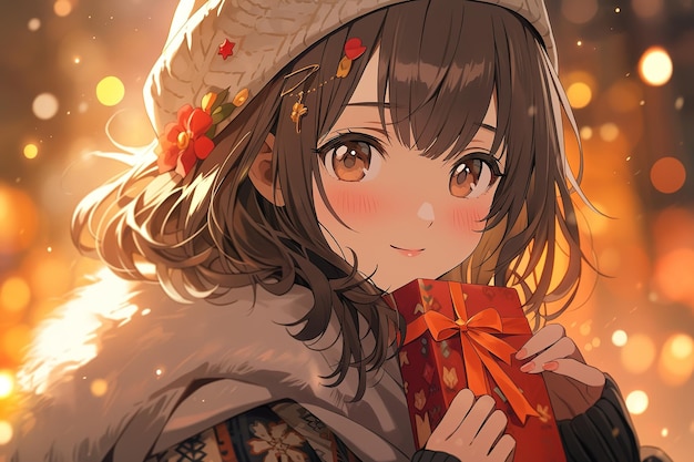 Beautiful embarrassed anime girl with short black hair holding gift in her hand blurred background