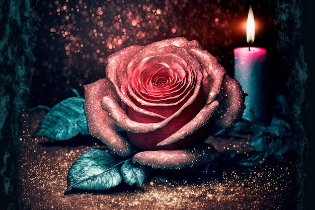 아름다운 자수 꽃 디자인 요소 어두운 배경에 불타는 촛불이 있는 아름다운 장미