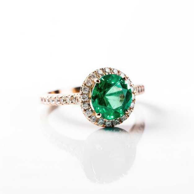 Beautiful emerald ring with sparkling diamonds isolated on a white background