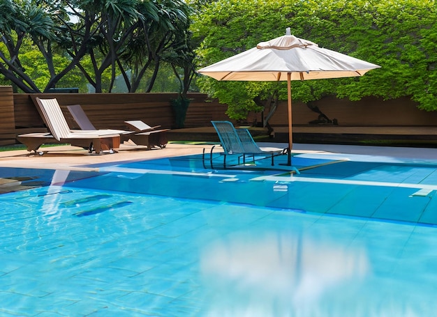 Beautiful empty chair with umbrella around outdoor swimming pool in hotel resort for vacation travel