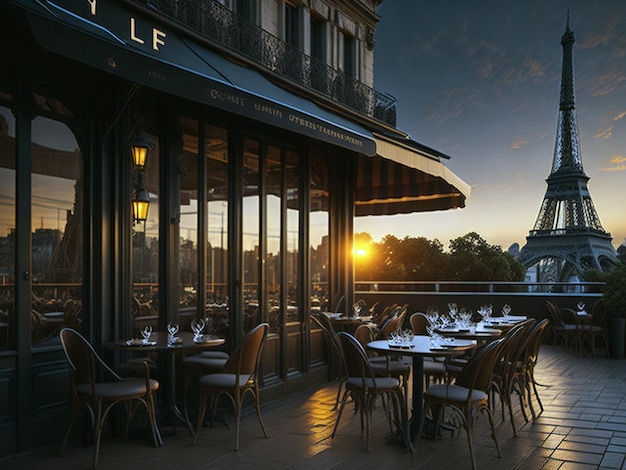 Beautiful empty Paris cafe in sunset EIffel Tower on background