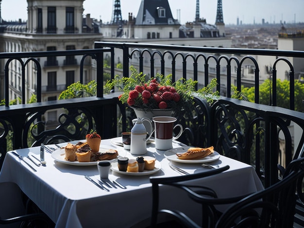 Beautiful empty Paris cafe in sunset EIffel Tower on background