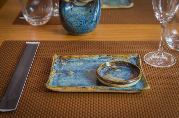 Beautiful empty table with utencils for serving sushi japanese