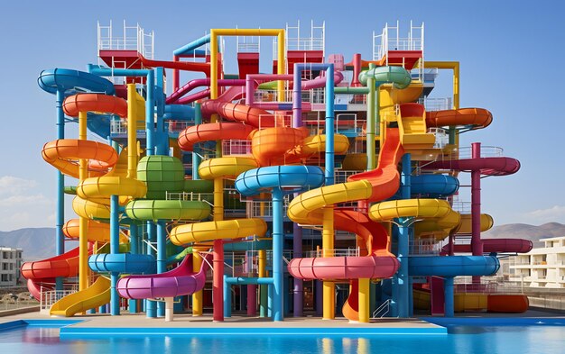 Beautiful empty water park with colorful water slides