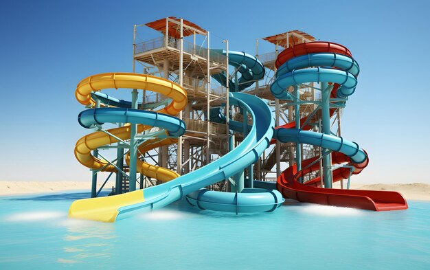 Beautiful empty water park with colorful water slides