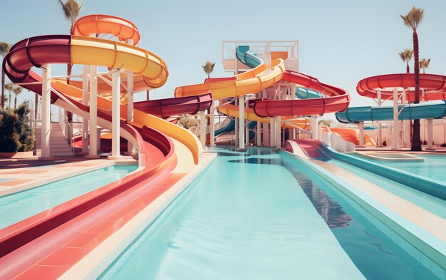 Beautiful empty water park with colorful water slides