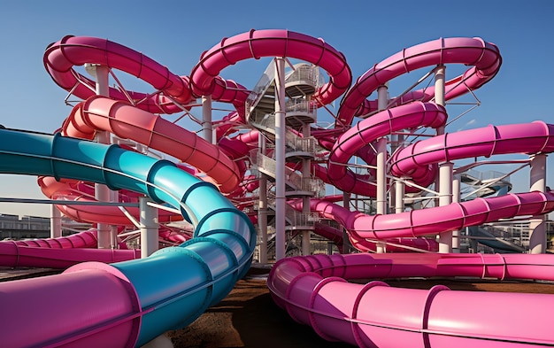 Beautiful empty water park with colorful water slides