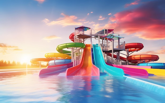 Photo beautiful empty water park with colorful water slides