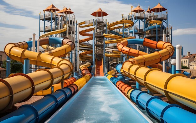 Beautiful empty water park with colorful water slides