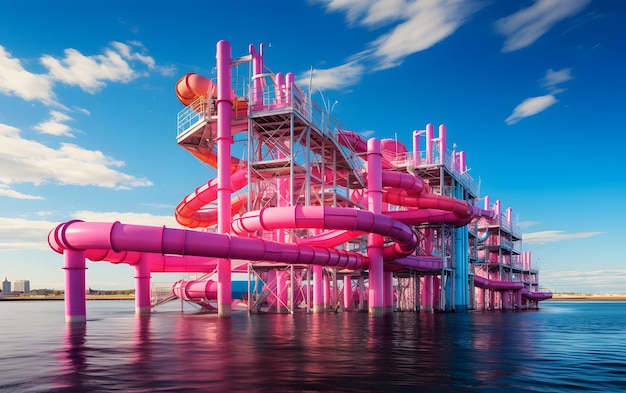 Beautiful empty water park with colorful water slides