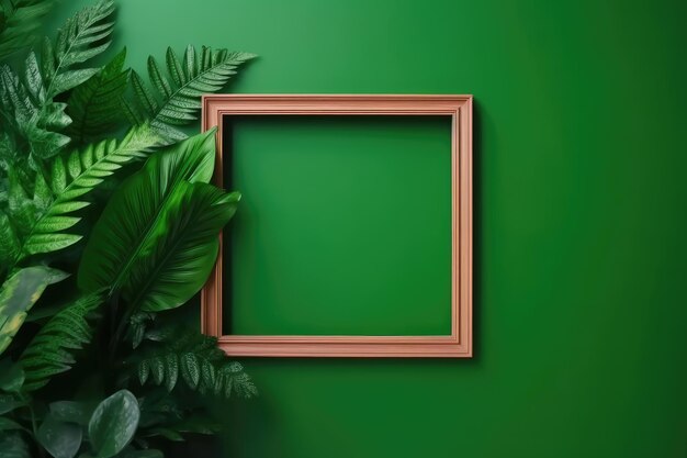 beautiful empty wooden frame on green wall room background