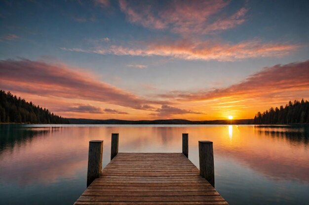 Photo beautiful empty wooden pathways with trees and a blue sky the calm ocean with a beautiful sunset